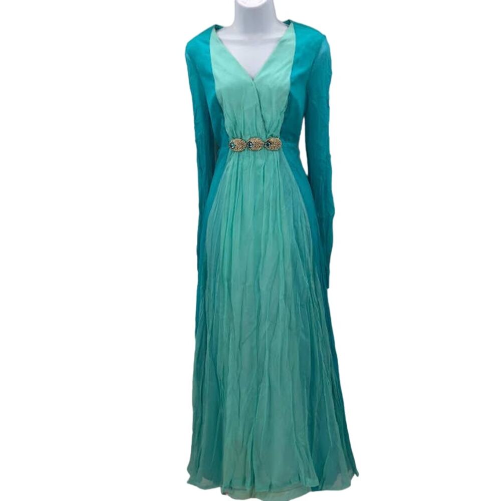 Vintage 1950s Chiffon maxi blue/green two tone Dress rhinestones Lined Small